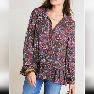 Anthropologie Maeve Janie Flounced Peasant Ruffle Button Front Viscose Blouse